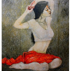 Moazzam Ali, Red Chaadar II, 33 X 36 Inches, Watercolour on Canvas, Figurative Painting, AC-MOZ-022